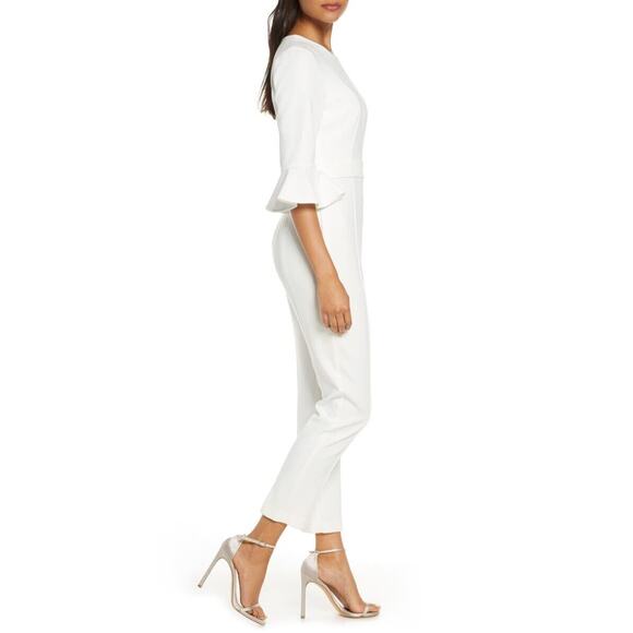 Black Halo NWOT Brooklyn Elbow Length Ruffle Sleeve Jumpsuit White Size 2 - Picture 3 of 8